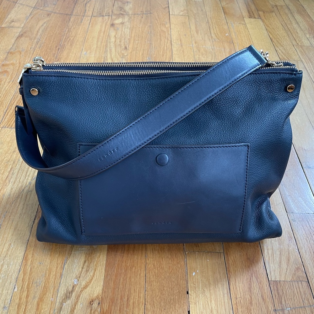 Sandro shoulder bag, navy blue super soft leather